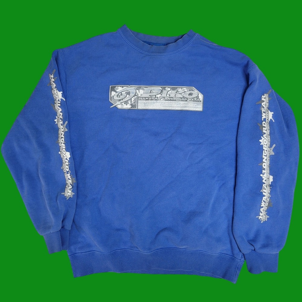 Piko Hawaiian Longboard Wear Vintage Blue Graphic Crewneck Sweatshirt Mens Large